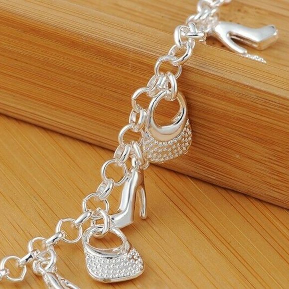 Silver Shoe & Handbag Charm Toggle Chain Bracelet - Picture 4 of 5